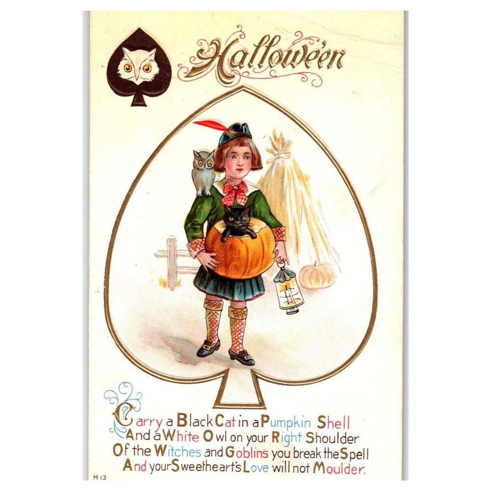 Vintage Halloween Child Black Cat Owl Pumpkin Spade Poem Postcard Early 1900s